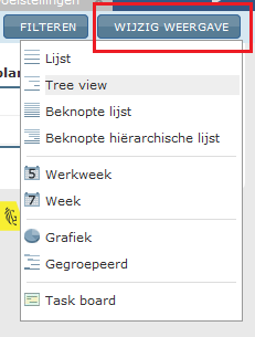 5 WEERGAVE WIJZIGEN Binnen een tabblad kan je via de functie Wijzig weergave het overzicht schikken naar Lijst, Tree view, Beknopte lijst of Beknopte hiërarchische lijst. 4.