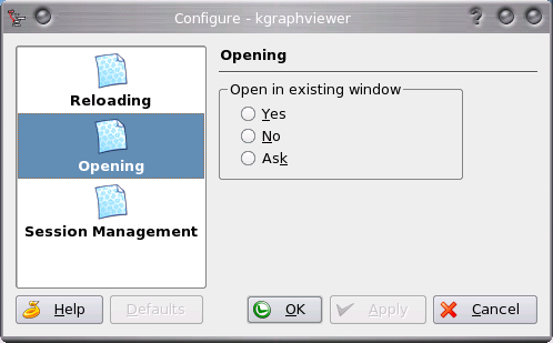 Pagina in het configuratie dialoogvenster met instellingen voor het openen van nieuwe bestanden in het bestaande venster