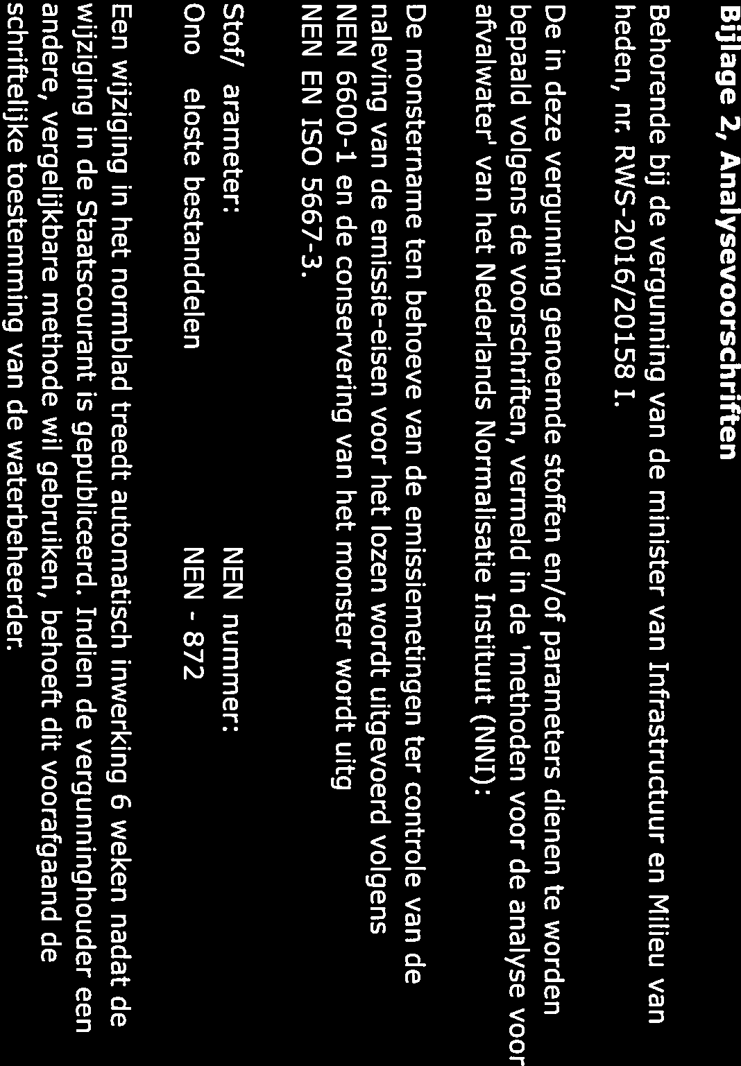 Bijlage 2, Analysevoorschrïften Behorende bij de vergunning van de minister van Infrastructuur en Milieu van heden, nr. RWS-2016/20158 1.