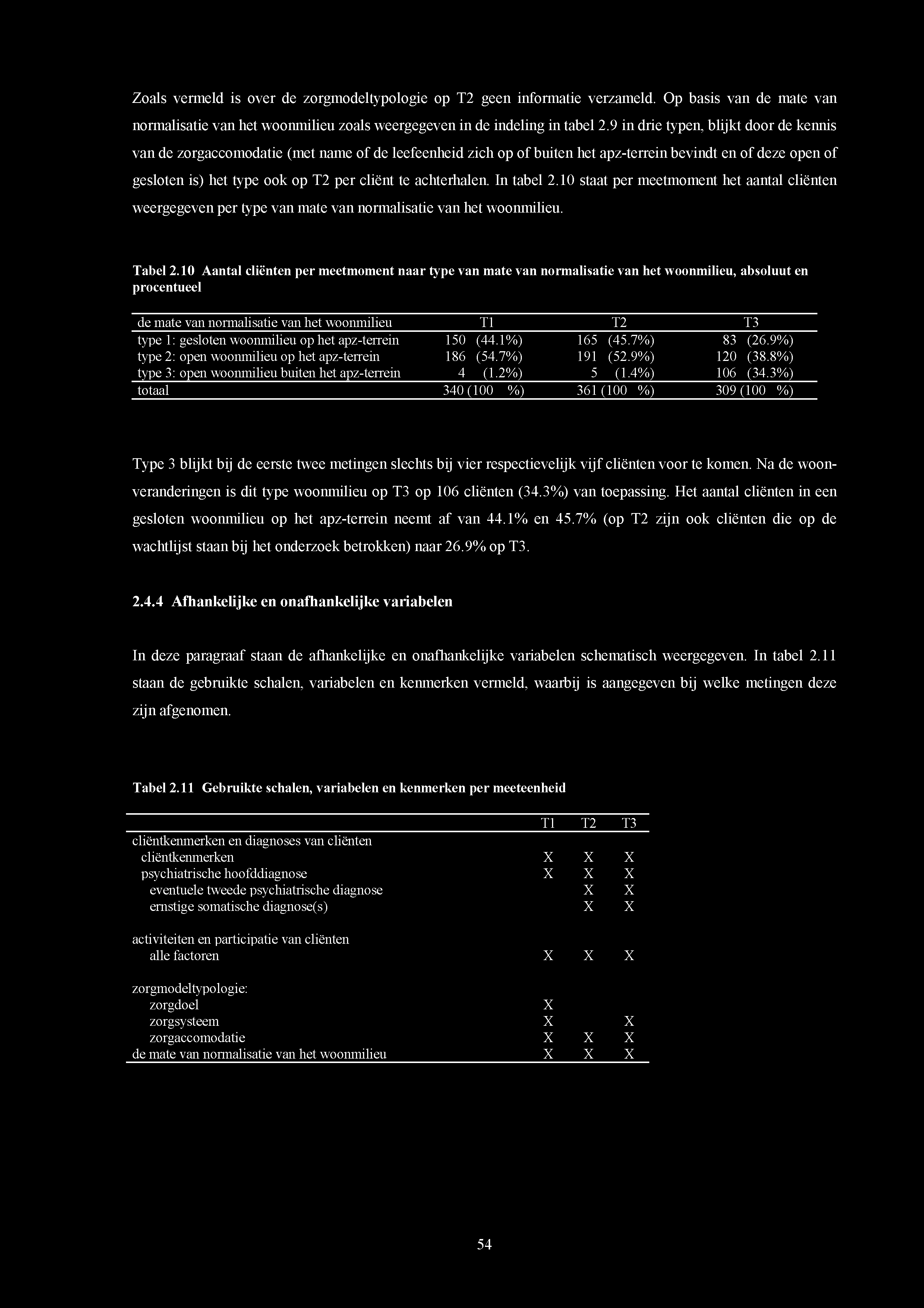 achterhalen. In tabel 2.10 staat per meetmoment het aantal cliënten weergegeven per type van mate van normalisatie van het woonmilieu. Tabel 2.