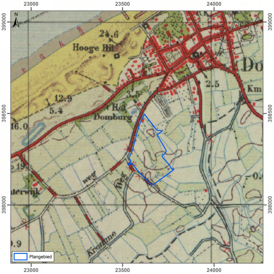 Afbeelding 21 Projectie van het plangebied op de Topografische Kaart uit 1949. Schaal 1: 10.000. Bron: Provincie Zeeland Geoloket.