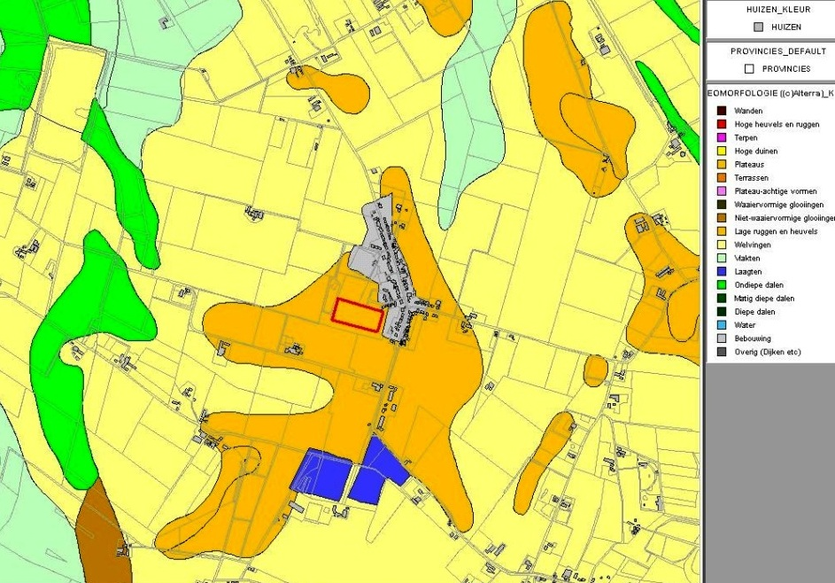 Afbeelding geomorfologische kaart. In rood het plangebied. Het donkergele gebied omvat de dekzandrug. (Bron: ArchisII).