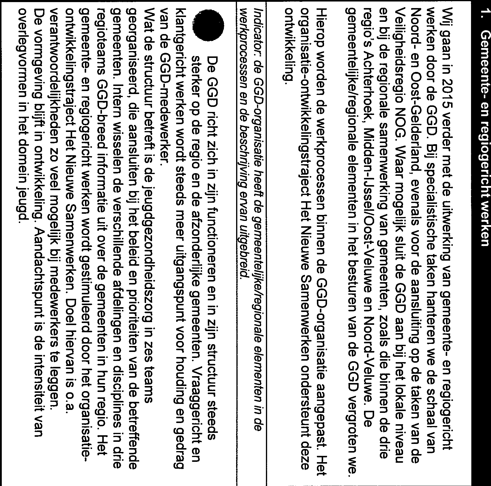 Bestuursondersteuning en organisatieprojecten: 1. Gemeente- en regiogericht werken Wij gaan in 2015 verder met de uitwetking van gemeente- en regiogericht werken door de GGD.