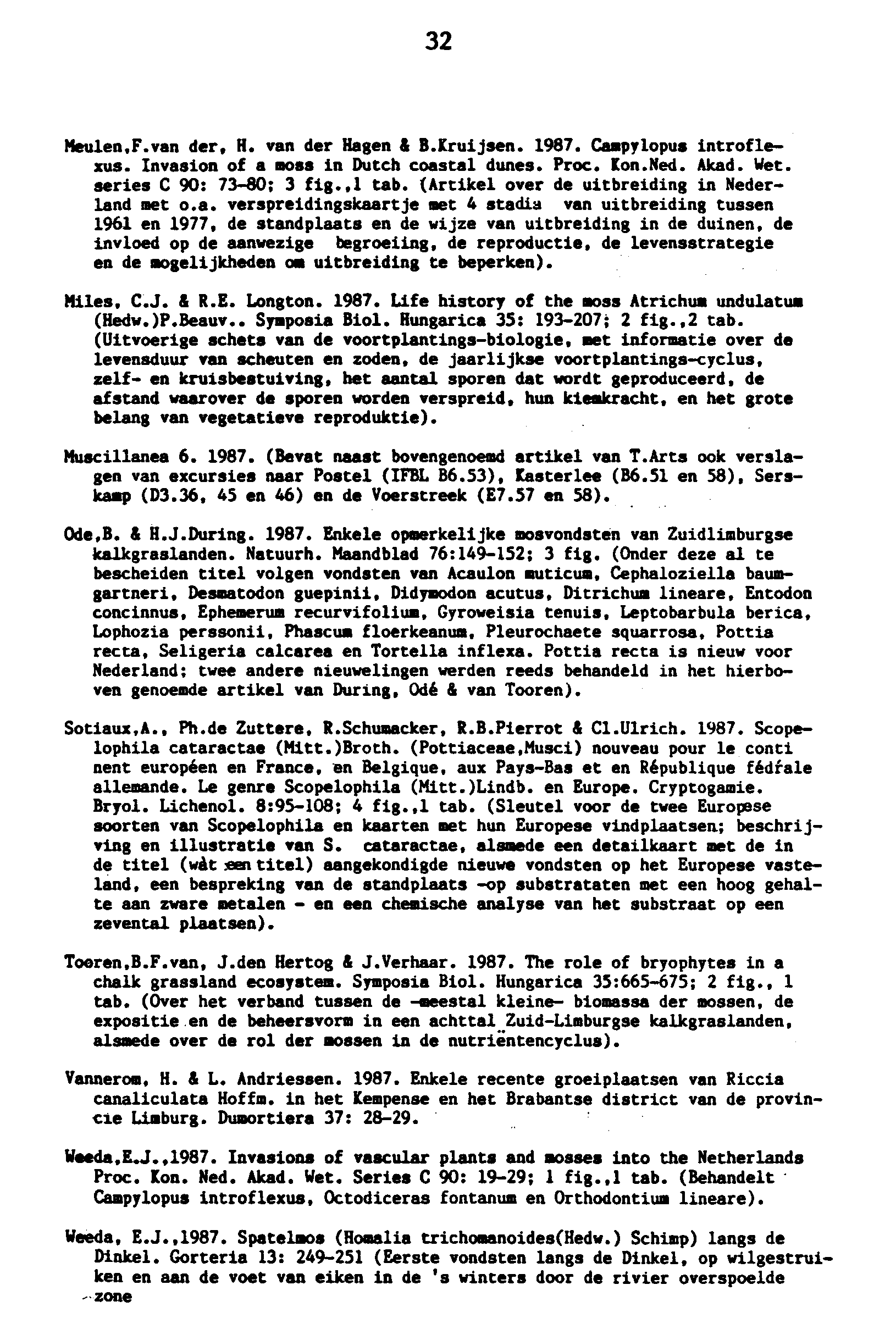 32 Heulen,F.van der, H. van der Hagen & B.Kruijsen. 1987. Campvlopus introflexus. Invaslon of a moss in Dutch coastal dunes. Proc. Kon.Ned. Akad. Wet. series C 90: 73-80; 3 fig.,1 tab.