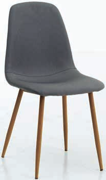 en MDF. Met metalen poten. Zwarte lederlook stoelen met gewatteerde zitting.