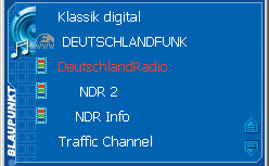 6.2 Lijst audiodiensten Afb. 5 Lijst met audiodiensten van het PocketDAB-hoofdbeeldscherm Deze gegevenslijst geeft alle radioprogramma's van het actuele ensemble weer.