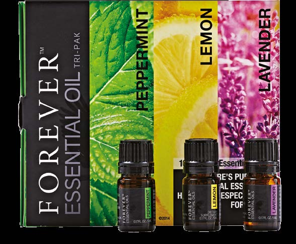 Essential Oils Forever Essential Oils Tri-Pack De Forever Tri-Pack bevat 5 ml sample flesjes van alle drie de single notes: Lemon, Peppermint en Lavender.