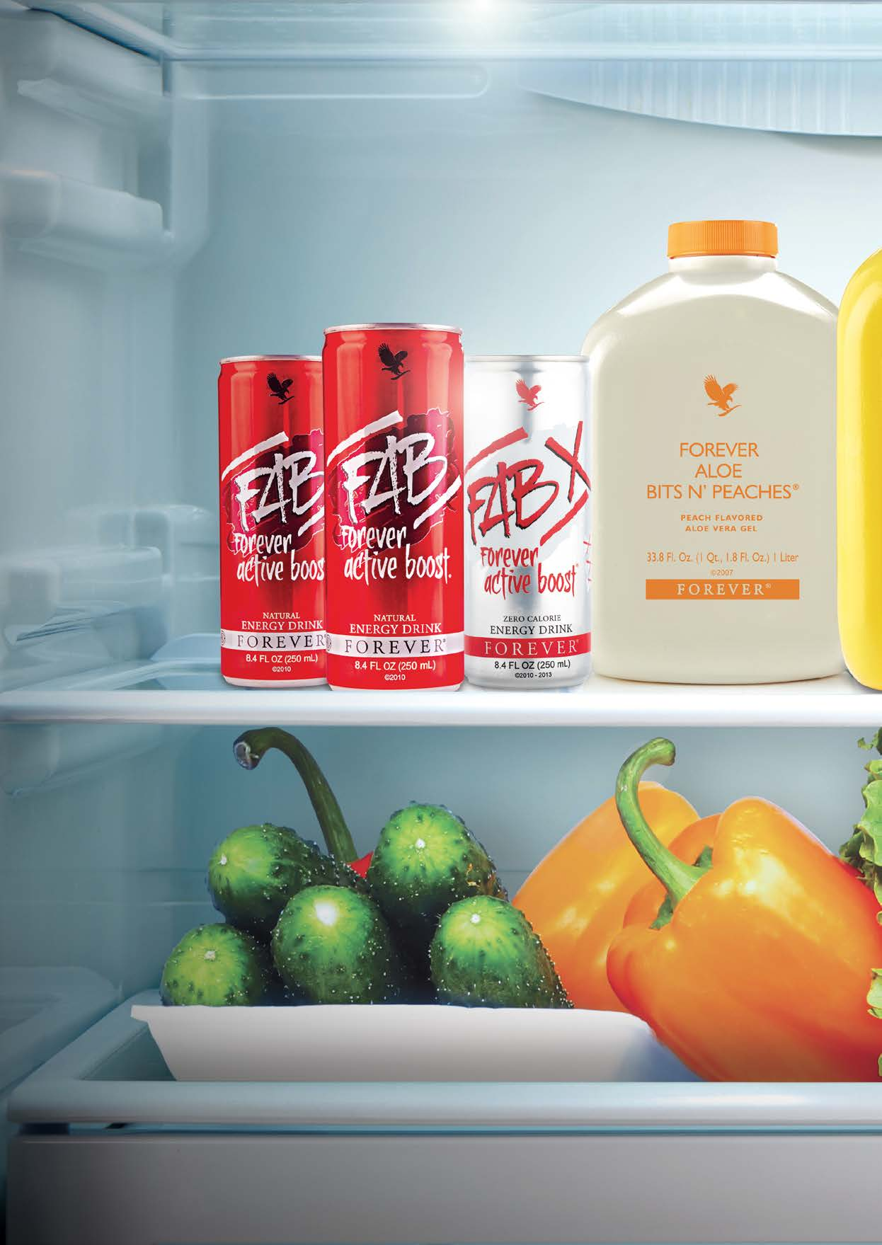 Drinks 77 321 440 FAB Forever Active Boost FAB X Forever Active Boost Forever Aloe Bits N Peaches Een energiedrank met een verfrissende smaak, aangevuld met o.a. vitamine B6 en B12.