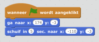 Bij de x vullen we het getal 174 in en bij de y -3. Sleep sinterklaas maar eens helemaal naar links en druk daarna op het groene vlaggetje, wat gebeurd er?