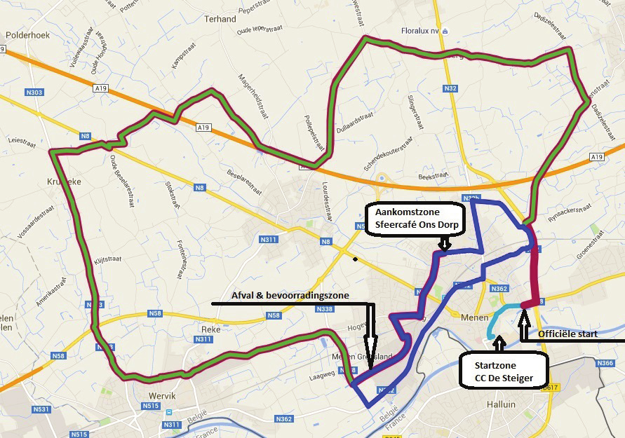 PARCOURS MENEN CLASSIC De grote ronde Le grand tour Zoals vermeld op de kaart zijn volgende zaken aangeduid: De startzone CC De Steigeraan het Waalvest De officiële start in de Kortrijkstraat ter