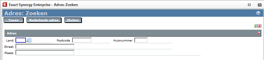 Heeft de relatie een landcode NL of is de landcode leeg, dan wordt het zoekscherm voor de nationale adressen opgestart. Zie hoofdstuk 5 hiervoor.