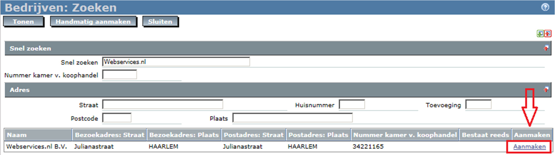 Figuur 2: Bedrijven: Zoeken scherm De meeste kolommen spreken voor zich, de laatste twee kolommen hebben extra uitleg nodig. Kolom Bestaat reeds Indien een relatie al via de Webservices.