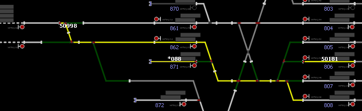 Situatie om 10:38:17 uur Trein 50998 Trein 50998 nadert sein 1314 dat aan het einde van CBG staat; sein 1314 knippert geel.