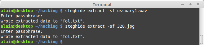 Het commando is: $ steghide extract -sf <coverfile> In mijn voorbeeld wordt dat: Hoe er rekening mee dat steghide geen bestanden kan overschijven.
