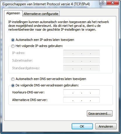 7. Selecteer Automatisch een IP-adres laten toewijzen en Automatisch een DNSserveradres laten toewijzen in het venster Internet Protocol versie 4 (TCP/IPv4). 8.