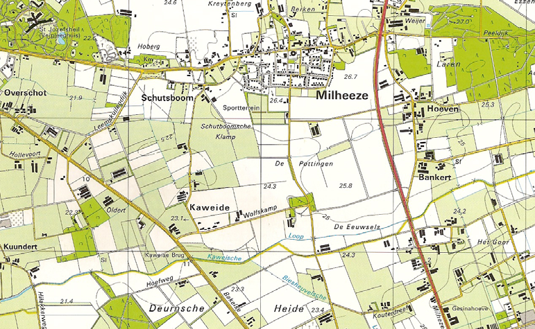 Een watermolen bij Milheeze? Het beekdal tussen de weg Oploo-Deurne en de weg Pottingen-Walsberg is vrij smal.