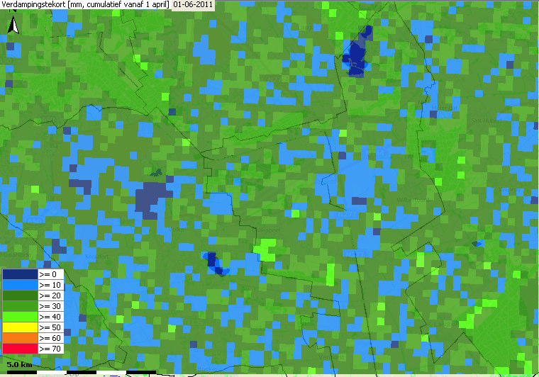 Afbeelding 12. Cumulatief verdampingstekort (mm) op 1 juni 2011 in omgeving Volkel (zie uitsnede boven).