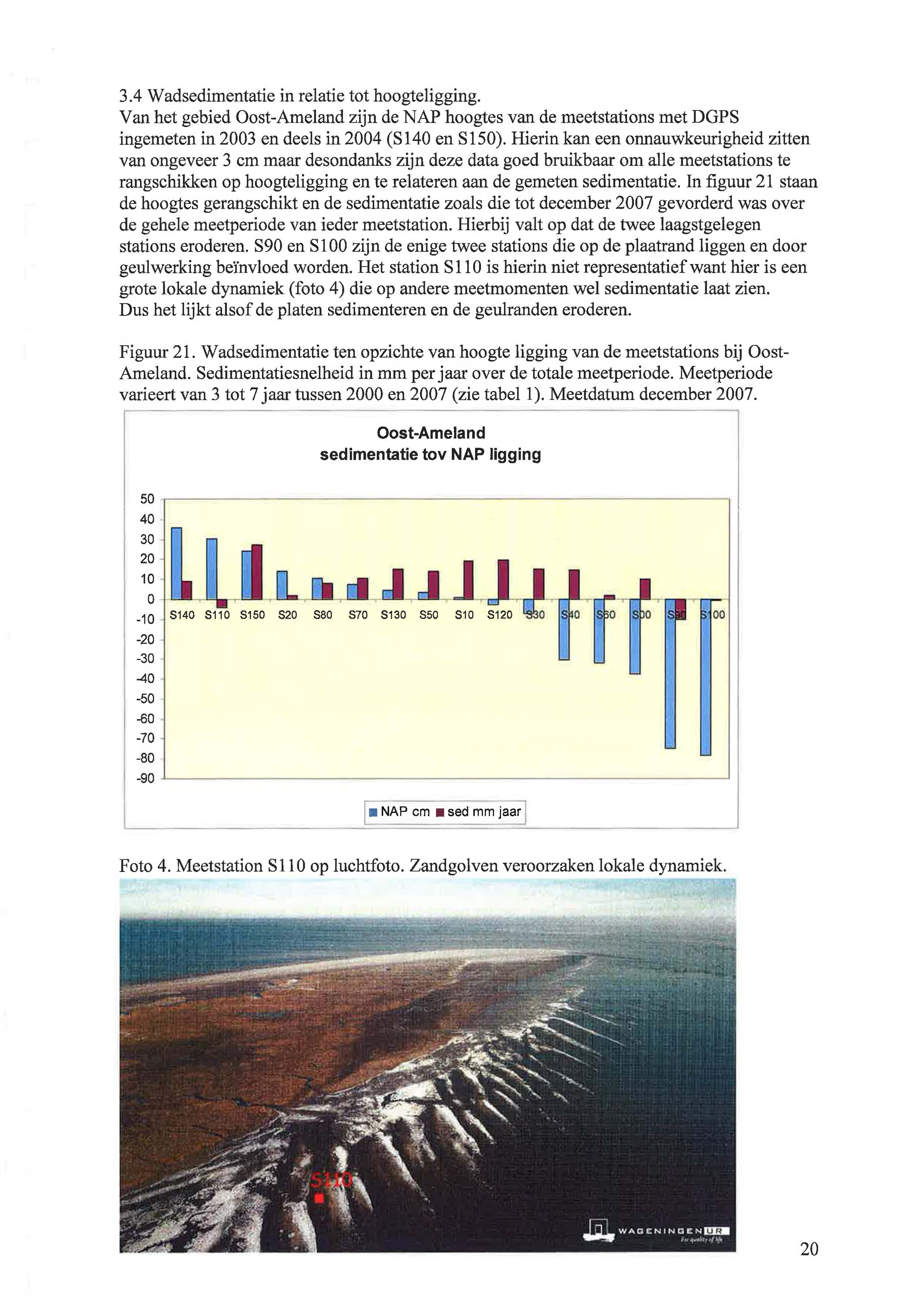 3.4 Wadsedimentatie in relatie tot hoogteligging. Van het gebied Oost-Ameland zijn de NAP hoogtes van de meetstations met DGPS ingemeten in 23 en deels in 24 (S 14 en S 15).