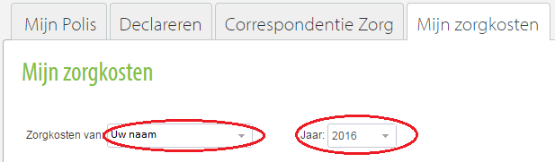 Details Zorgkosten van Bij Zorgkosten van staat de naam van de verzekerde voor wie het eigen risico en de declaraties getoond worden.