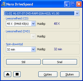 Nero DriveSpeed 4 Nero DriveSpeed Nadat u Nero DriveSpeed hebt gestart, zoals omschreven in het hoofdstuk Het programma starten, wordt het venster van Nero DriveSpeed weergegeven. Fig.