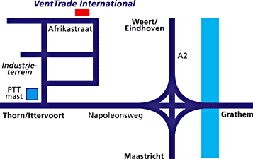 Contact Adres Routekaart VentTrade International BV Bezoekadres Afrikastraat 22 6014 CG Ittervoort Afhaalbalie Afrikastraat 22 Postadres Postbus 3717 6014 ZG Ittervoort Tel.