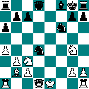 11.Lxf7+ Nu wordt het erg tactisch. 11...Kxf7 12.Pxe5+ Kg8 13.Pxg4 Stelling na 13.Pxg4 13...Pxc2+?? Hier gaat Nico ernstig in de fout. Hij had op g4 moeten slaan. Na 13...Pxg4 14.Dxg4 Pxc2+ 15.
