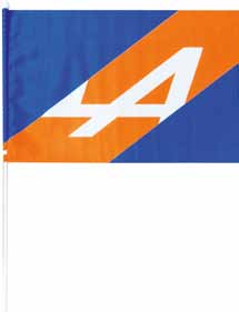 77 11 579 773 Alpine vlag Zwaai ermee, en de Alpine mythe herleeft! Vlag uit polyester en mast uit plastic.
