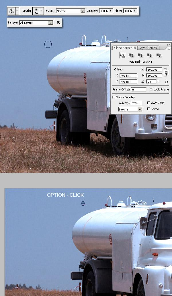 Stap 2 Selecteer laag "Truck", neem de Kloonstempel: penseel op ongeveer 50px, hardheid op 0%.