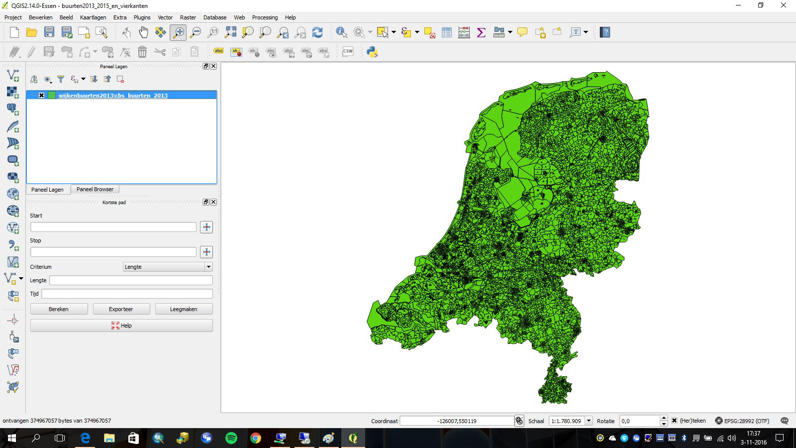 De laag wordt geladen (dit kan even duren). 1. Aanpassen kaartlaag eigenschappen en presentatie in QGIS.