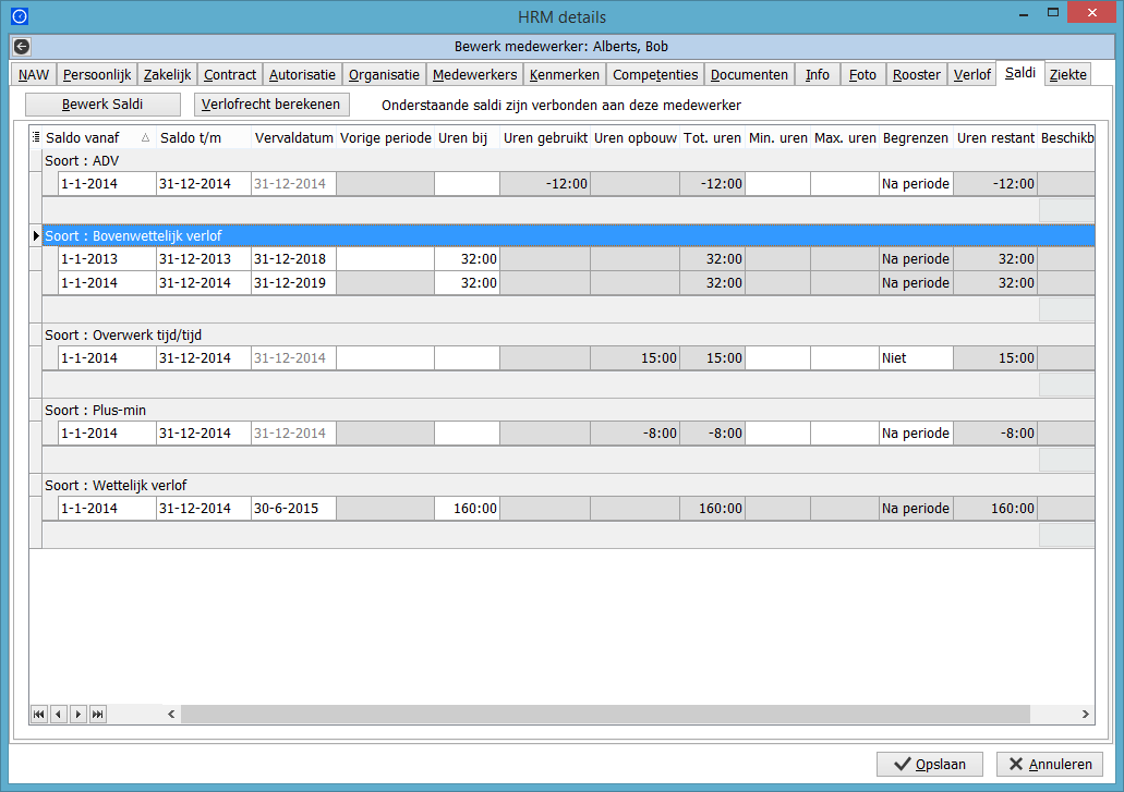 2.15. Tabblad Saldi Verlof & Ziekte module Hier kunnen saldi van de medewerker worden bekeken.