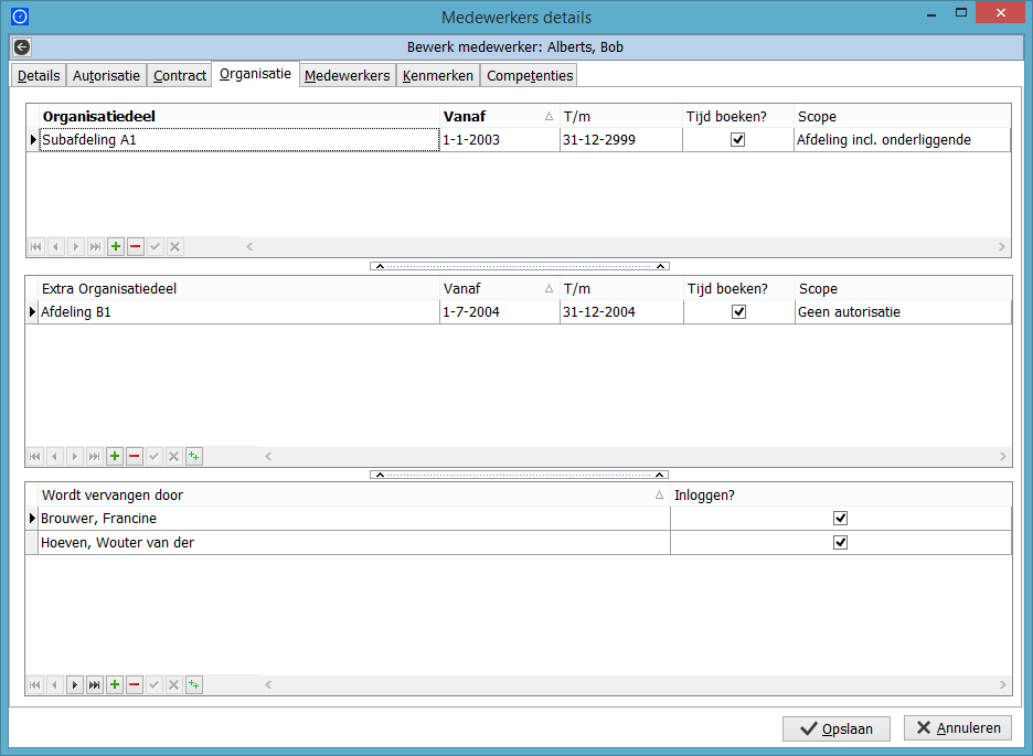 3.4. Tabblad Organisatie Hier wordt een medewerker gekoppeld aan één of meerdere afdelingen.