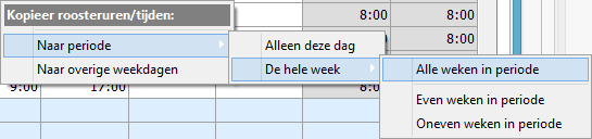 De optie Naar overige weekdagen kopieert de uren en tijden van de huidige regel naar de overige dagen van de huidige week.