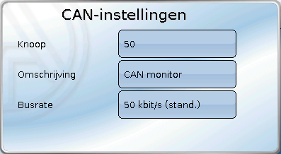 CAN- instellingen Knoop Vastleggen van het eigen CAN-knoopnummer (Instelbereik: 1 62). Het fabrieksmatig ingestelde knoopnummer van de CAN-MTx2 is 50.