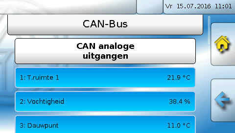 CAN-analoge uitgangen De 5 analoge ingangen zijn reeds met de eerste vijf CAN-analoge uitgangen verbonden. In de CAN-MTx2 (zonder CO 2 -sensor) is de vijfde waarde altijd 0.