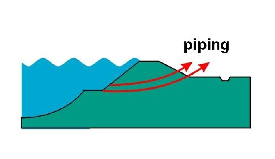 ding ontstaan tussen de rivier en het binnendijkse gebied, waarna de pipes snel in grootte toenemen en de dijk ondermijnen.