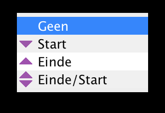 Om Start en Einde markers toe te voegen aan de route, selecteer je een blok in de tabel en daarna kies je de gewenste markering. De symbolen zullen in de eerste kolom van de tabel verschijnen.