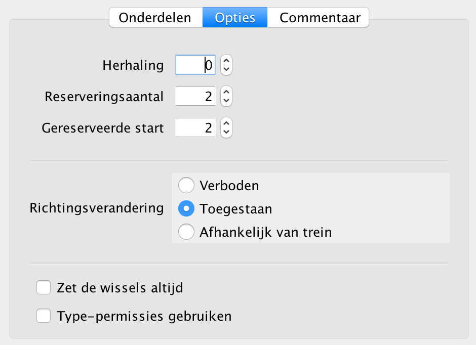 Opties Er zijn ook nog een paar instellingen die voor de route als geheel gelden: In het veld Herhaling kan worden opgegeven hoe vaak de route doorlopen wordt voordat de route gestopt wordt.