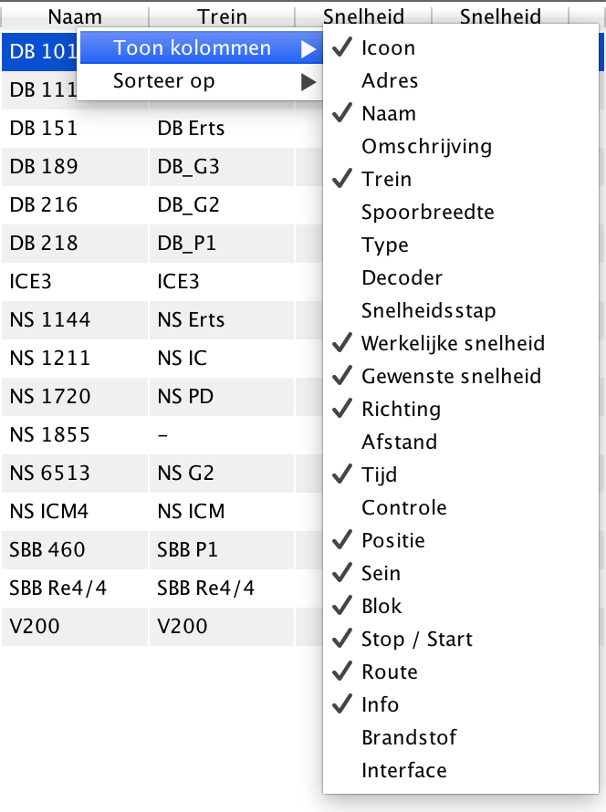 Het is mogelijk om zelf te bepalen welke kolommen er zichtbaar zijn in het overzicht via het snelmenu van de bovenste balk.