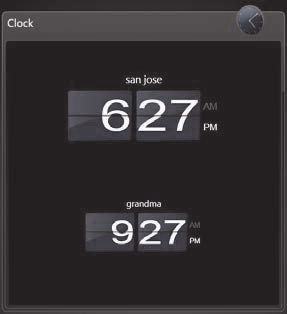 HP TouchSmart Klok Op de HP TouchSmart-startpagina kunt u alledrie de klokken weergeven in de grote Klok-tegel, of kunt u de hoofdklok weergeven in de kleine Klok-tegel.