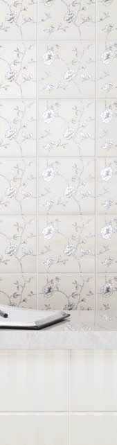 Mellow White CDA9511 Peony Lustre on Daisy Satin Elegant lustre patterns on satin give these tiles a beautiful shimmer.