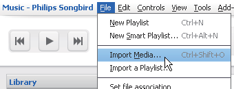 Mediabestanden importeren Mediabestanden uit andere mappen importeren Ga in Philips Songbird naar File (Bestand) > Import Media (Media importeren) om mappen op de PC te selecteren.