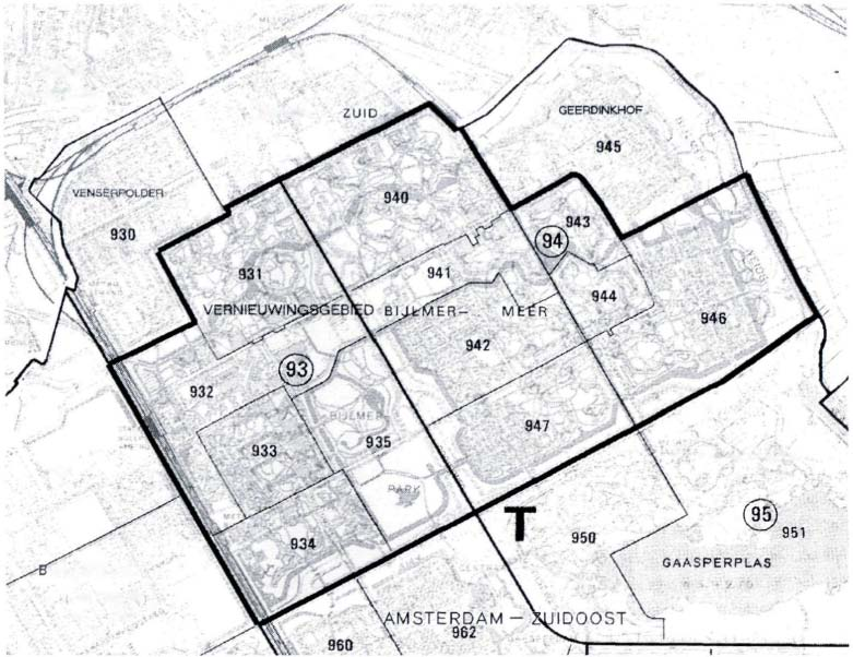 Afbeelding 1.1 Plattegrond Bijlmermeer met buurtgrenzen (donker gebied binnen dikke lijnen is het vernieuwingsgebied.. ' 'f"...c "..... '"... /, /.7 '. / 'DUIVEN:./ ".... '.", DRECHT,, DIEMEN '.