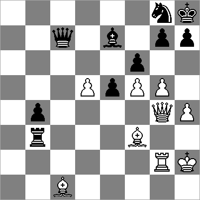 Zie diagram: Zwart staat nu een pion voor, maar met goed stukkenspel moet wit in de koningsaanval voordeel kunnen verkrijgen. 36. Ld1 Tb1 37. Tc2 Db8 38. De4 Ta1 39. Dc4 e4+ 40. Kh3 e3 41. g6 hg6: 42.