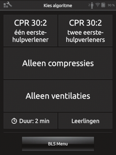 Modus BLS Instructor Algoritme kiezen Reanimatie oefenen, Alleen compressies of Alleen beademingen.