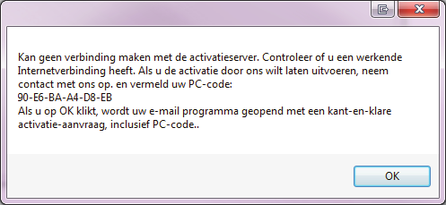 Probleemoplossing Activeren lukt niet Als u tijdens het activeren de volgende melding krijgt:... dan kunt u de activatie door Tendenz laten uitvoeren.