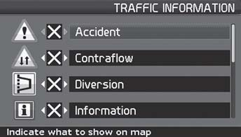 04 Verkeersinformatie Informatie kiezen Keuze verkeersinform. 2. Kies met of welke verkeersinformatiesymbolen (verkeersberichten) het systeem op de kaart moet weergeven. 3. Activeer resp.