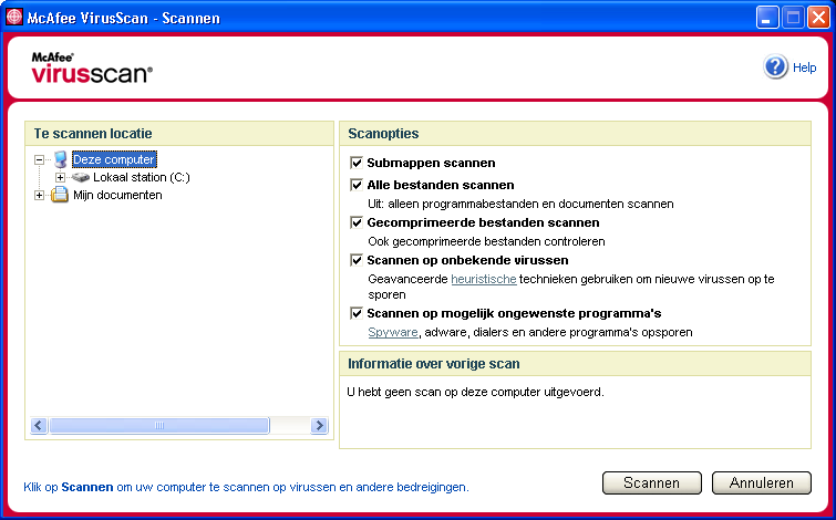 McAfee VirusScan Handmatig scannen op virussen en andere bedreigingen Ga als volgt te werk om de computer te scannen: 1 Klik met de rechtermuisknop op het McAfee-pictogram, kies VirusScan en klik op