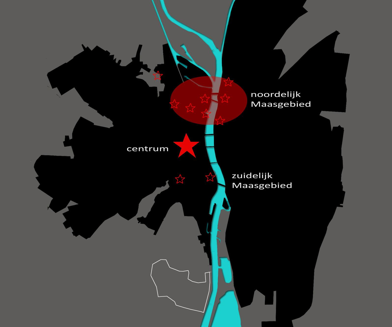 clustering van potentiële locaties Bij het analyseren van de stad en het zoeken naar locaties bleek dat in het noordelijk Maasgebied een hoge concentratie van potentiële locaties aanwezig is.