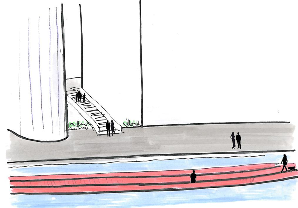 Volgens ARCH kan deze, voor voetgangers oninteressante plek overbrugt worden middels een loopbrug die aansluit op de Maaspromenade.