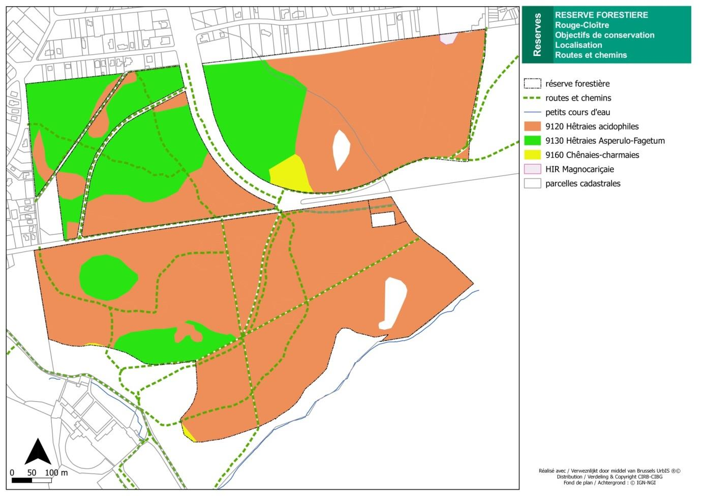 ANNEXE 3 : Carte de localisation géographique avec les routes et les chemins et les objectifs de conservation par habitat - Réserve forestière du Rouge-Cloître Vu pour être annexé à l arrêté du